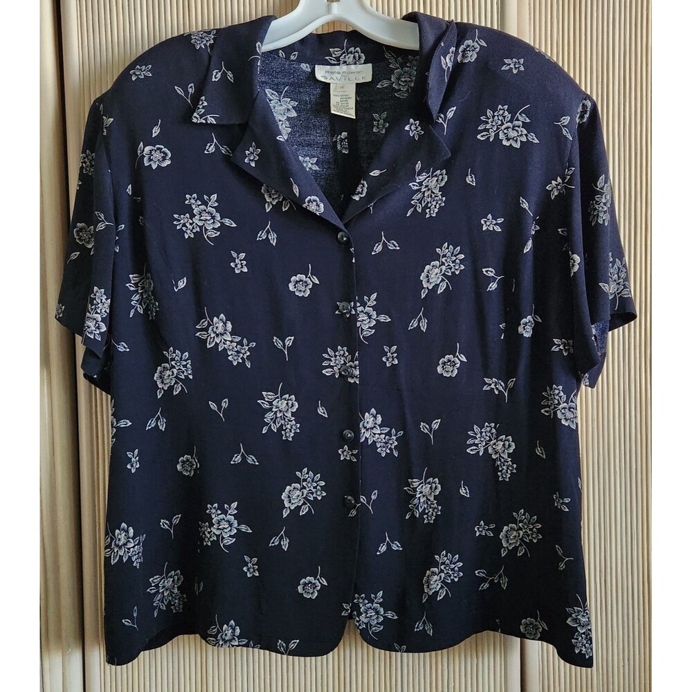 Rena Rowan for SAVILLE Woman's Blouse Size 16 Navy Blue Classic Floral Button-Up